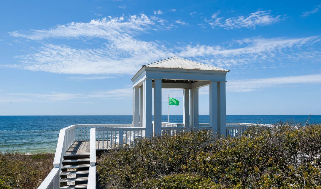 White beach pavilion overlooking the Gulf