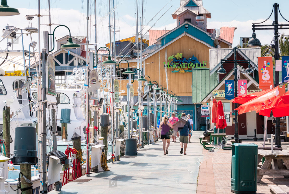 Pedestrian harbor boardwalk lined with restaurants