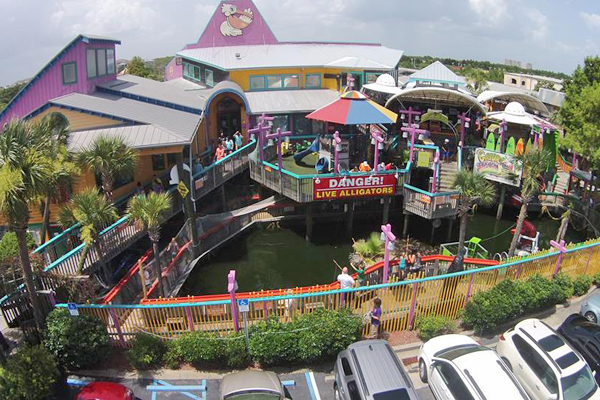 Aerial view of a colorful restaurant complex