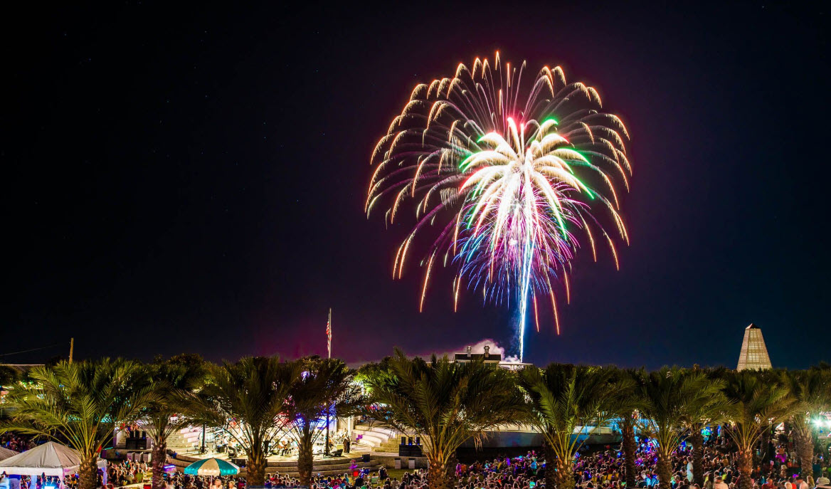 Fireworks bursting above palm trees at night