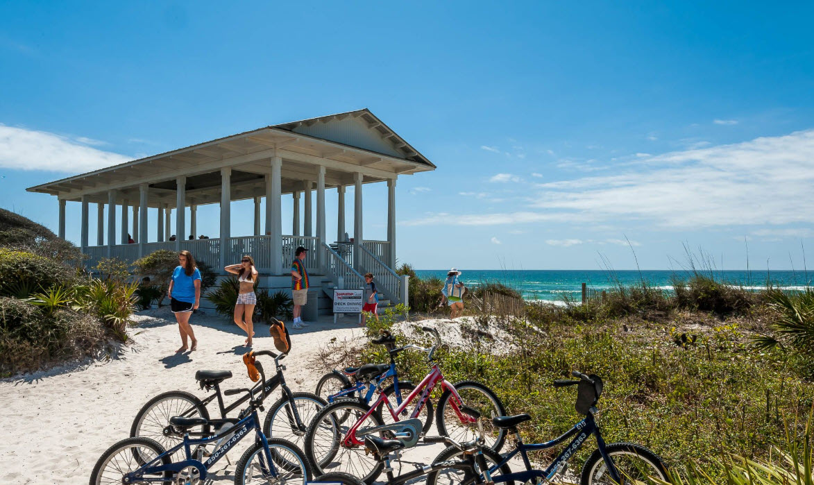 Bicycles parked beside a beach pavilion