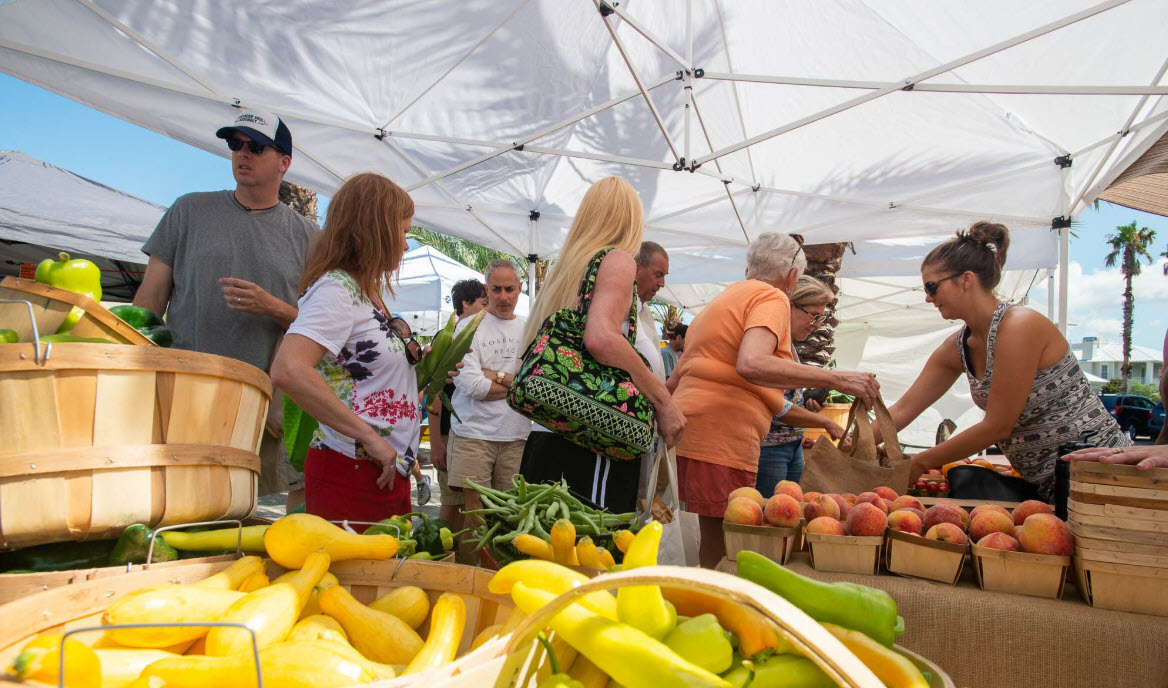 Shoppers visiting a farmers market produce stand