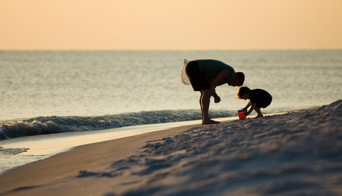 Adult and child building together at the shoreline