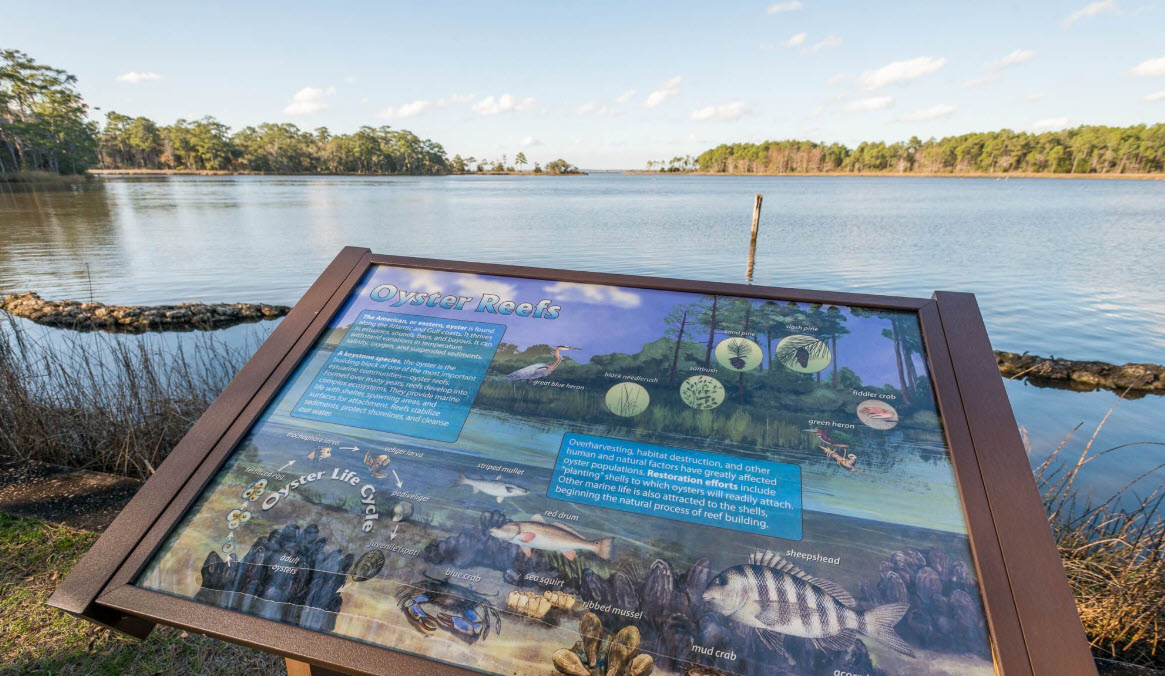 Interpretive sign beside a calm coastal lake