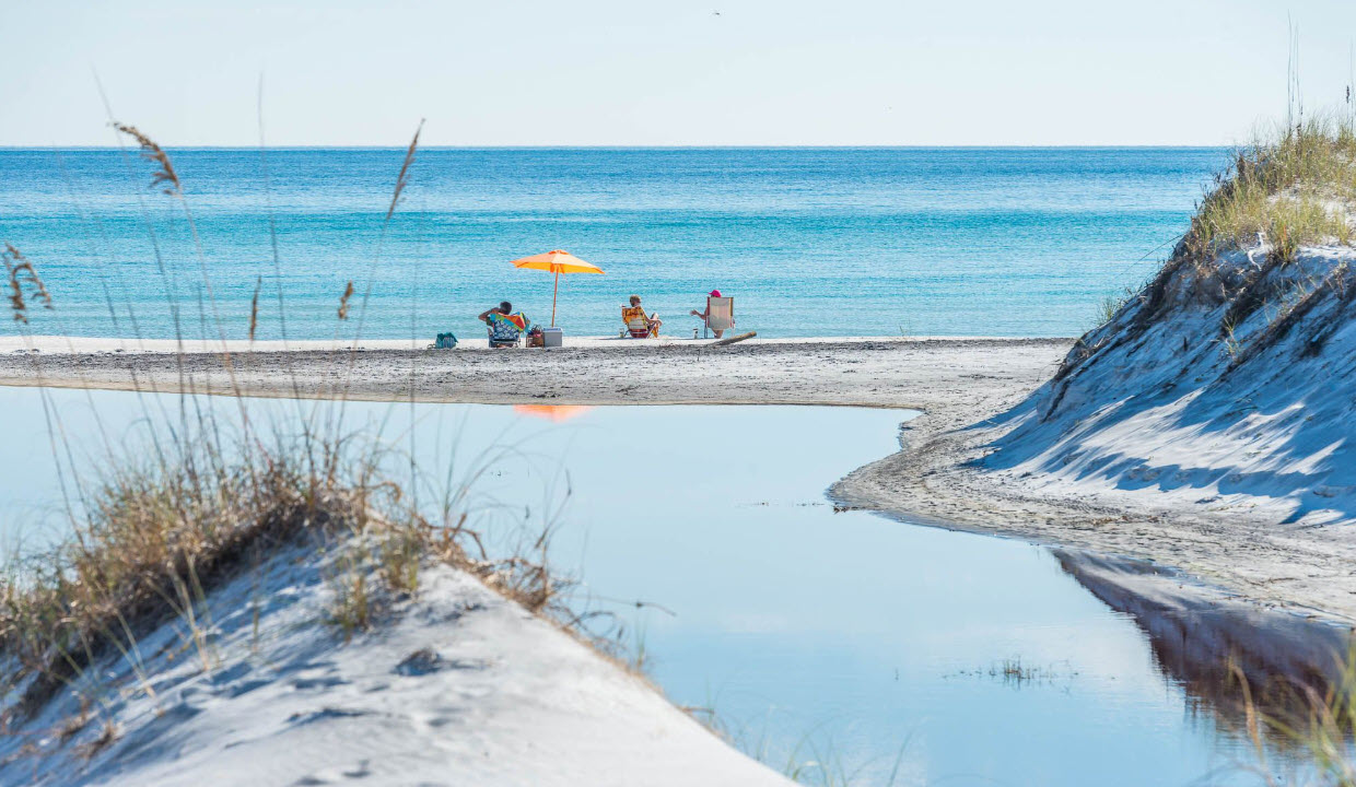 Beachgoers beside a dune lake flowing toward the Gulf