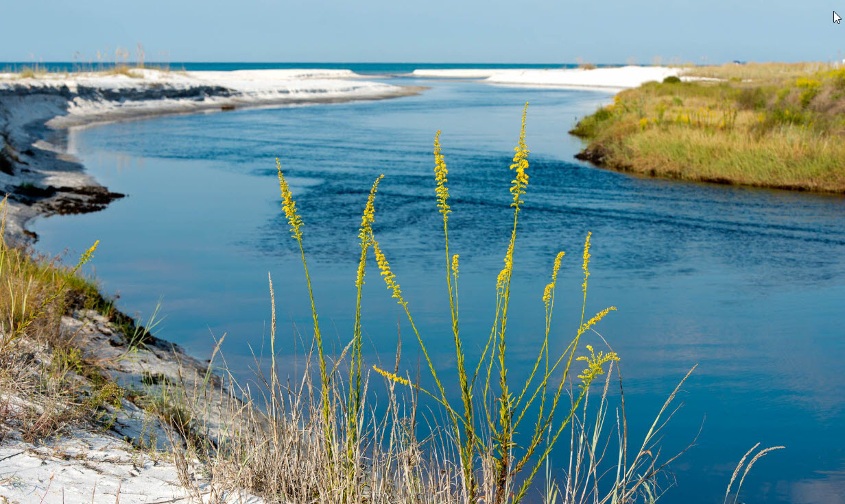 Coastal dune lake channel opening toward the beach