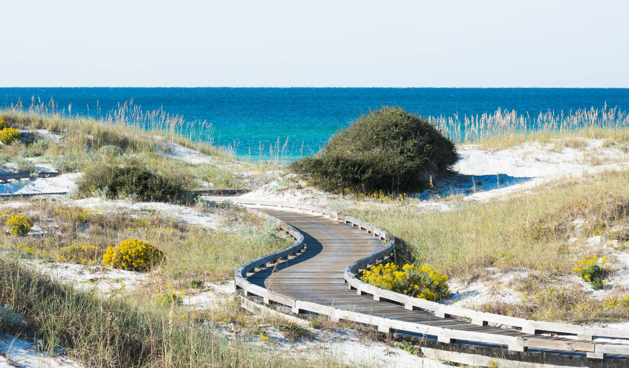 Winding boardwalk through bright white dunes