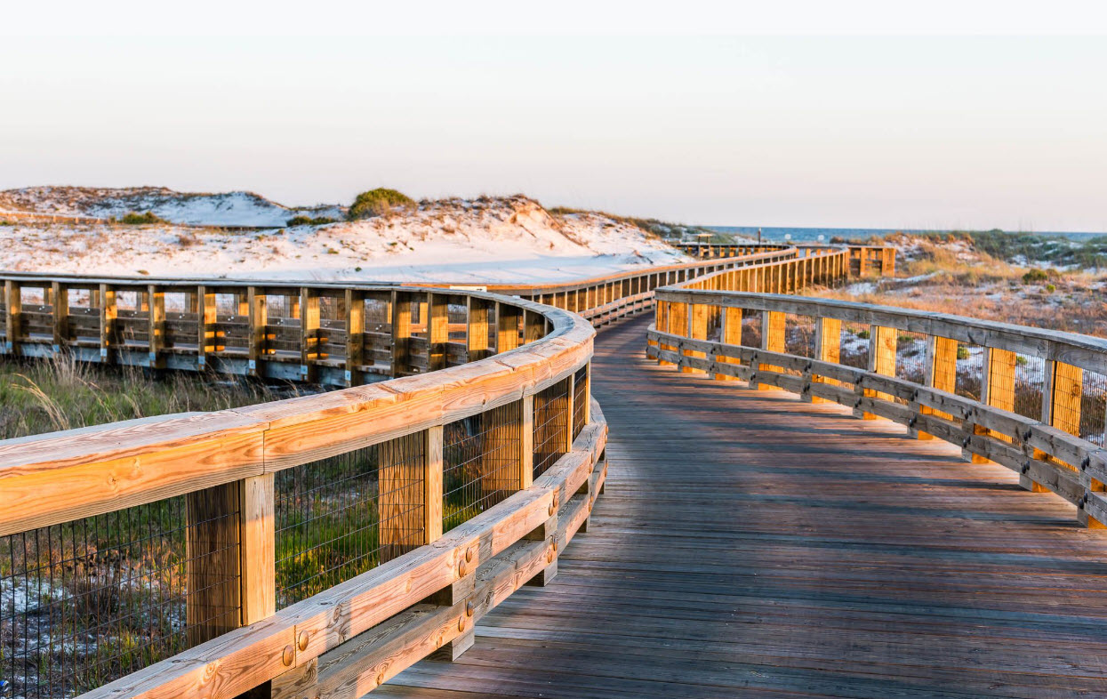 Elevated wooden boardwalk sweeping across the dunes