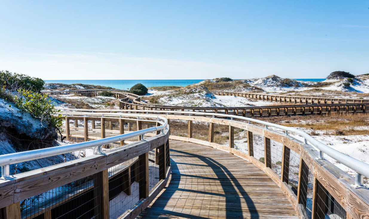 Wooden boardwalk deck winding through coastal dunes