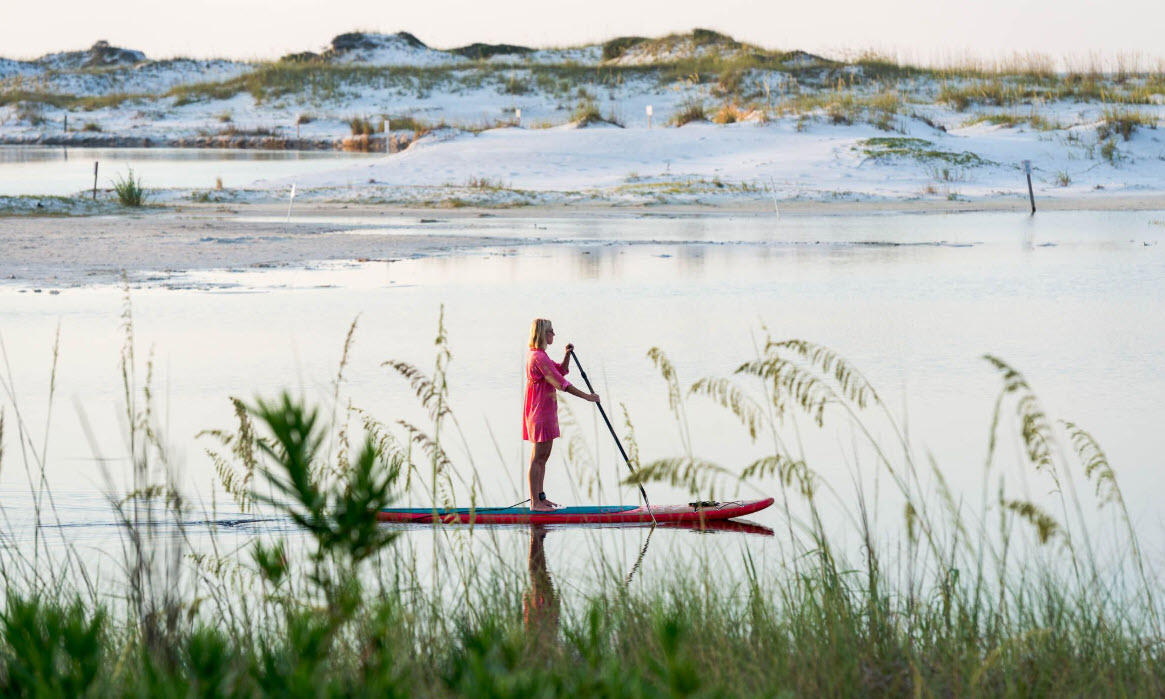 Woman paddleboarding beyond coastal dune grass