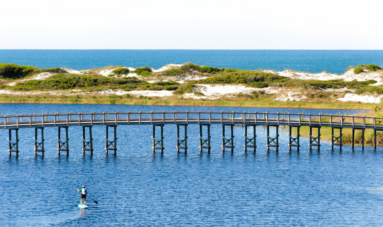 Paddleboarders on calm water near a long pier